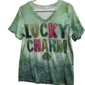Lucky Charm Women Shamrock T-Shirt Size S Green Cuffed SS St Paddys Patricks Day